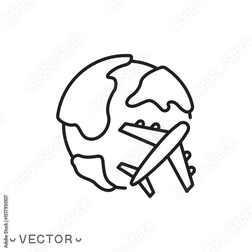 international travel on plane icon, flight around earth globe, fly airplane and world concept, thin line symbol isolated on white background, editable stroke eps 10 vector illustration