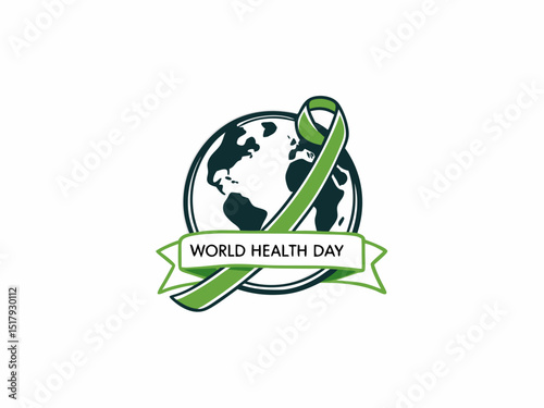 Global World Health Day Awareness Ribbon Logo ,A vibrant logo celebrating World Health Day, featuring a stylized Earth with a green and yellow awareness ribbon. 