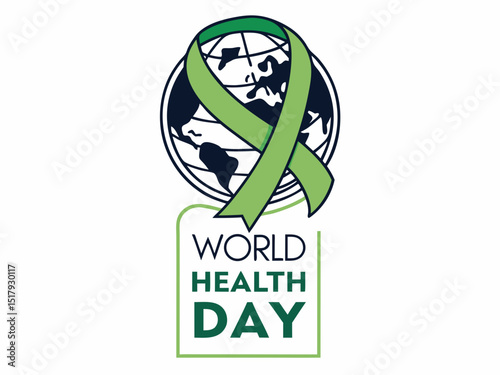 Global World Health Day Awareness Ribbon Logo ,A vibrant logo celebrating World Health Day, featuring a stylized Earth with a green and yellow awareness ribbon. 