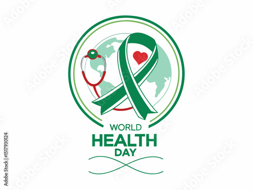 Global World Health Day Awareness Ribbon Logo ,A vibrant logo celebrating World Health Day, featuring a stylized Earth with a green and yellow awareness ribbon. 