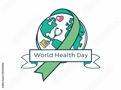 Global World Health Day Awareness Ribbon Logo ,A vibrant logo celebrating World Health Day, featuring a stylized Earth with a green and yellow awareness ribbon. 