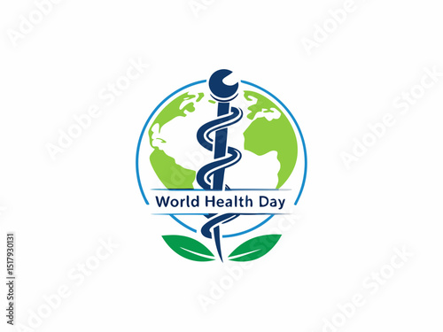 Global World Health Day Awareness Ribbon Logo ,A vibrant logo celebrating World Health Day, featuring a stylized Earth with a green and yellow awareness ribbon.