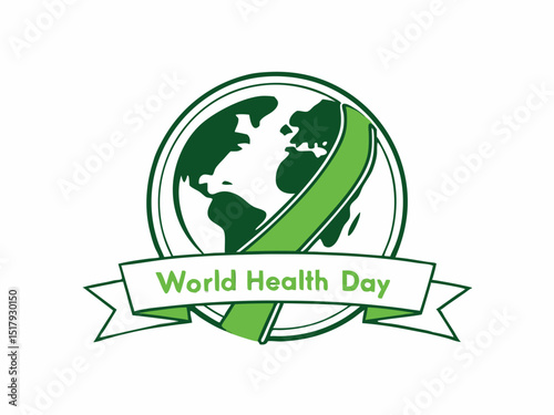 Global World Health Day Awareness Ribbon Logo ,A vibrant logo celebrating World Health Day, featuring a stylized Earth with a green and yellow awareness ribbon.