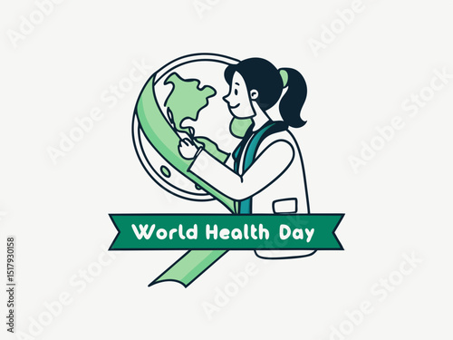Global World Health Day Awareness Ribbon Logo ,A vibrant logo celebrating World Health Day, featuring a stylized Earth with a green and yellow awareness ribbon.