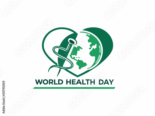 Global World Health Day Awareness Ribbon Logo ,A vibrant logo celebrating World Health Day, featuring a stylized Earth with a green and yellow awareness ribbon.