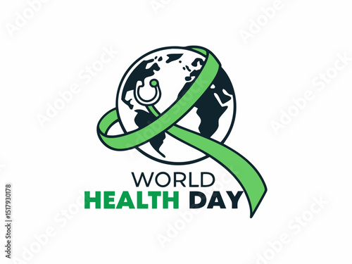 Global World Health Day Awareness Ribbon Logo ,A vibrant logo celebrating World Health Day, featuring a stylized Earth with a green and yellow awareness ribbon.