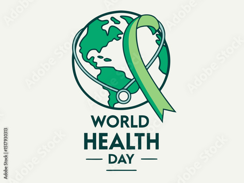 Global World Health Day Awareness Ribbon Logo ,A vibrant logo celebrating World Health Day, featuring a stylized Earth with a green and yellow awareness ribbon.