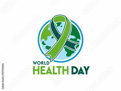 Global World Health Day Awareness Ribbon Logo ,A vibrant logo celebrating World Health Day, featuring a stylized Earth with a green and yellow awareness ribbon.
