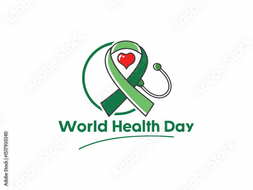 Global World Health Day Awareness Ribbon Logo ,A vibrant logo celebrating World Health Day, featuring a stylized Earth with a green and yellow awareness ribbon.