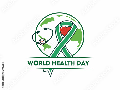 Global World Health Day Awareness Ribbon Logo ,A vibrant logo celebrating World Health Day, featuring a stylized Earth with a green and yellow awareness ribbon.