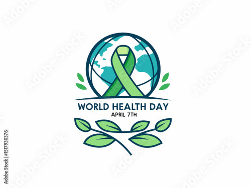 Global World Health Day Awareness Ribbon Logo ,A vibrant logo celebrating World Health Day, featuring a stylized Earth with a green and yellow awareness ribbon.