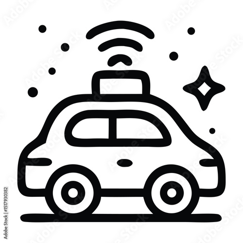 Autonomous car icon with sensor signals. Represents self-driving vehicles, AI, smart transport, and concepts of cyborg-level intelligence. Outline vector.