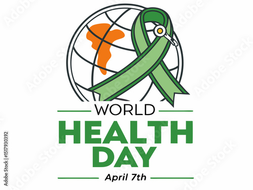 Global World Health Day Awareness Ribbon Logo ,A vibrant logo celebrating World Health Day, featuring a stylized Earth with a green and yellow awareness ribbon.