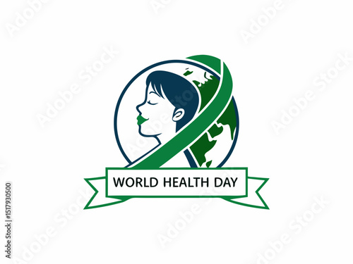 Global World Health Day Awareness Ribbon Logo ,A vibrant logo celebrating World Health Day, featuring a stylized Earth with a green and yellow awareness ribbon.