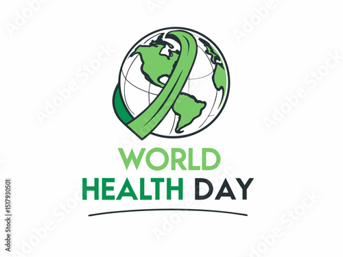 Global World Health Day Awareness Ribbon Logo ,A vibrant logo celebrating World Health Day, featuring a stylized Earth with a green and yellow awareness ribbon.