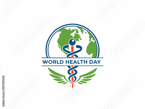 Global World Health Day Awareness Ribbon Logo ,A vibrant logo celebrating World Health Day, featuring a stylized Earth with a green and yellow awareness ribbon.