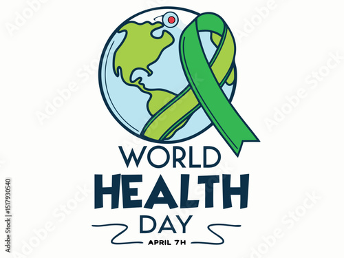Global World Health Day Awareness Ribbon Logo ,A vibrant logo celebrating World Health Day, featuring a stylized Earth with a green and yellow awareness ribbon.