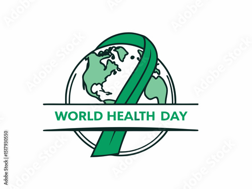 Global World Health Day Awareness Ribbon Logo ,A vibrant logo celebrating World Health Day, featuring a stylized Earth with a green and yellow awareness ribbon.