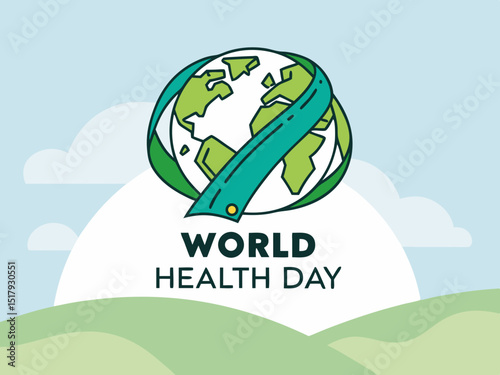Global World Health Day Awareness Ribbon Logo ,A vibrant logo celebrating World Health Day, featuring a stylized Earth with a green and yellow awareness ribbon.