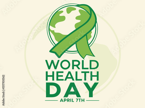 Global World Health Day Awareness Ribbon Logo ,A vibrant logo celebrating World Health Day, featuring a stylized Earth with a green and yellow awareness ribbon.