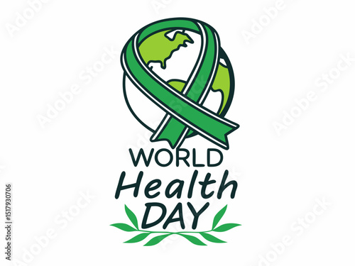 Global World Health Day Awareness Ribbon Logo ,A vibrant logo celebrating World Health Day, featuring a stylized Earth with a green and yellow awareness ribbon.