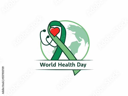 Global World Health Day Awareness Ribbon Logo ,A vibrant logo celebrating World Health Day, featuring a stylized Earth with a green and yellow awareness ribbon.