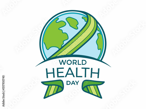 Global World Health Day Awareness Ribbon Logo ,A vibrant logo celebrating World Health Day, featuring a stylized Earth with a green and yellow awareness ribbon.