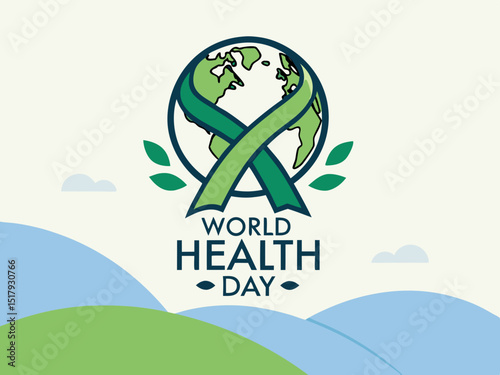 Global World Health Day Awareness Ribbon Logo ,A vibrant logo celebrating World Health Day, featuring a stylized Earth with a green and yellow awareness ribbon.