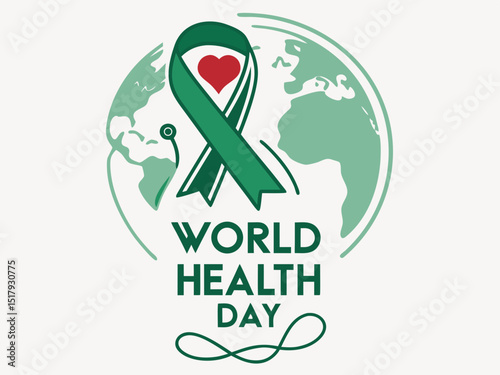 Global World Health Day Awareness Ribbon Logo ,A vibrant logo celebrating World Health Day, featuring a stylized Earth with a green and yellow awareness ribbon.