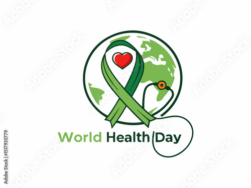 Global World Health Day Awareness Ribbon Logo ,A vibrant logo celebrating World Health Day, featuring a stylized Earth with a green and yellow awareness ribbon.