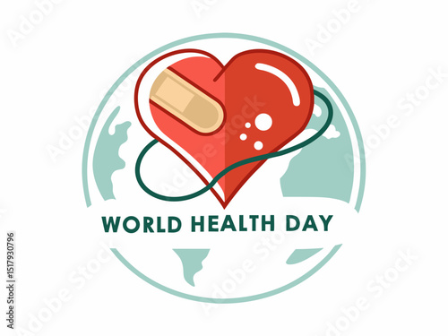 Global World Health Day Awareness Ribbon Logo ,A vibrant logo celebrating World Health Day, featuring a stylized Earth with a green and yellow awareness ribbon.