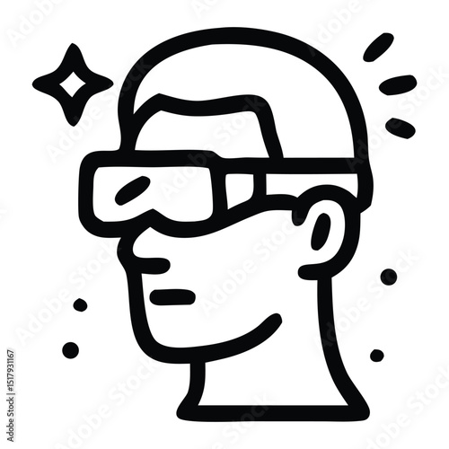 Cyborg icon: head with VR/AR headset. Represents artificial intelligence, virtual reality, augmented reality, and human-machine interface. Outline vector.