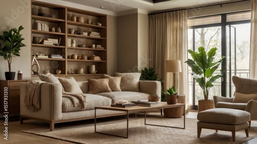 Light-filled living room with warm tones and natural elements