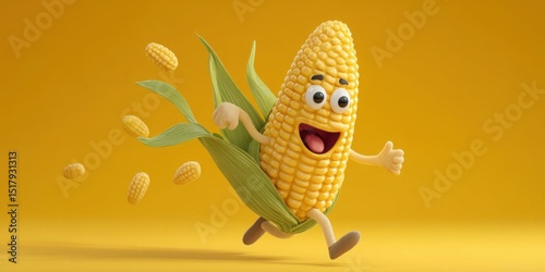 Excited 3D Cartoon Corn Character Jumping with Popping Kernels on White Background