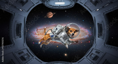 Dog in space suit exploring the galaxy with planets in the background during a futuristic mission