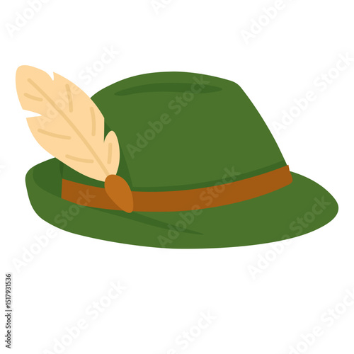 Vector illustration of a green hat with feather, traditional festive style, cartoon flat design.