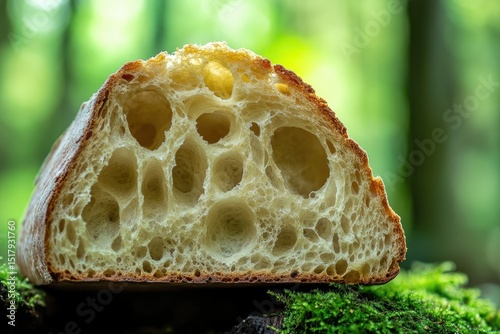 A close-up of a sourdough bread slice revealing its airy, holey crumb texture.