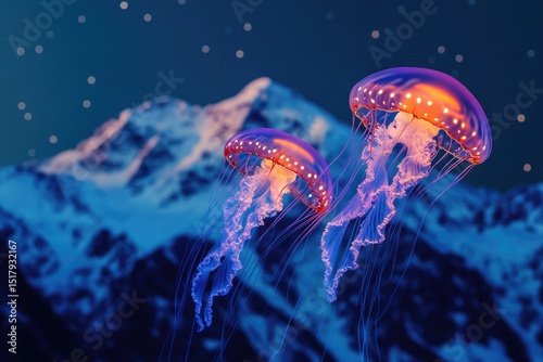 Two bioluminescent jellyfish gracefully swim against a backdrop of a majestic snow-capped mountain under a starry night sky.
