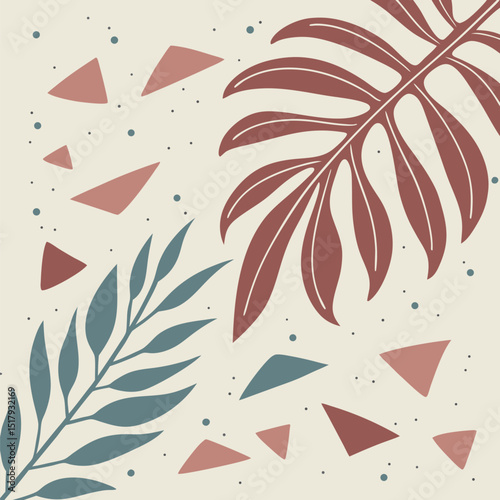 Abstract botanical illustration featuring lush tropical leaves and geometric minimalist design.
