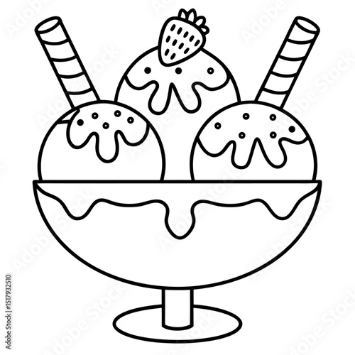 Outlined ice cream sundae served in a bowl with wafers and a strawberry outline