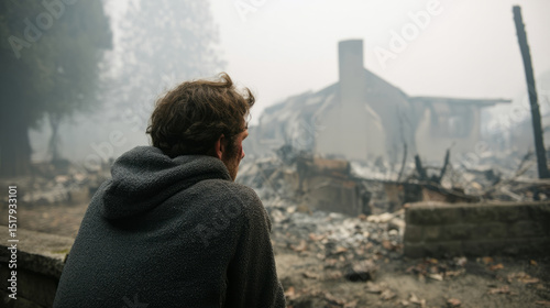 Grieving man, amidst charred ruins and ethereal smoke, evokes ephemeral resilience, echoing Fire Prevention Week and Rebuilding Day