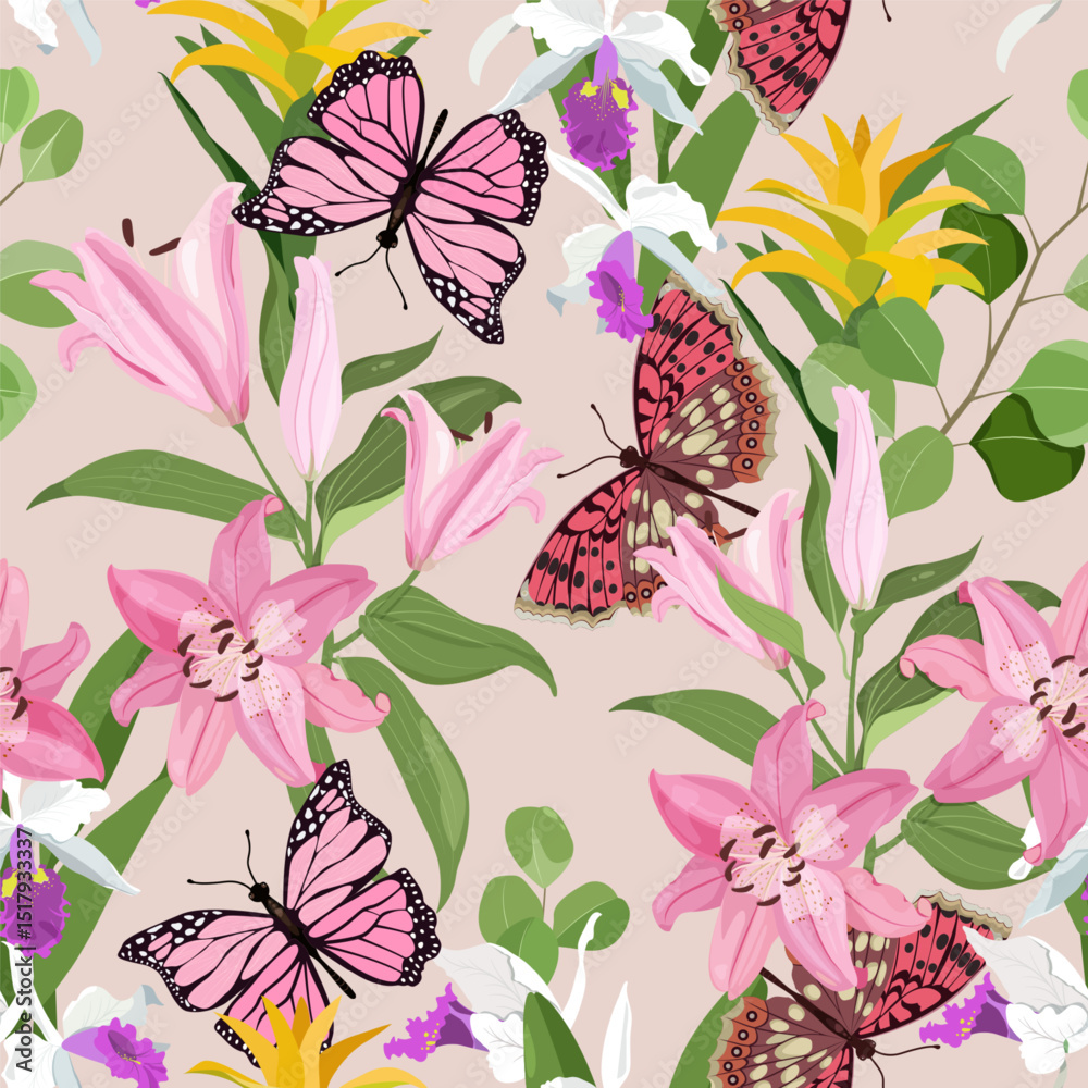 Fototapeta premium Butterflies, delicate orchids, lily and eucalyptus. Seamless vector illustration. For decoration textile, packaging, wallpaper.