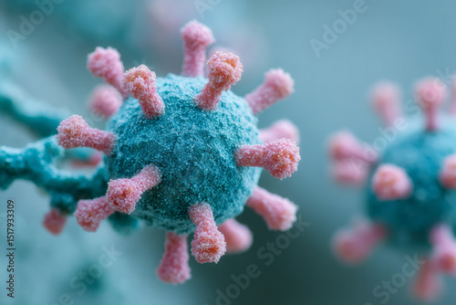 Close-up of fuzzy teal and pink virus, microscopic dance of disease, scientific breakthrough aura, World Immunization Week