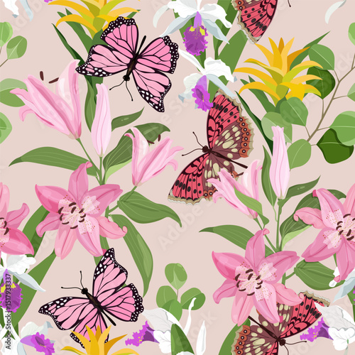 Butterflies, delicate orchids, lily and eucalyptus. Seamless vector illustration. For decoration textile, packaging, wallpaper.
