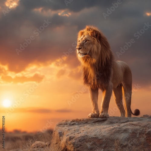 Majestic Lion Standing on Rock During a Beautiful Sunset in the Savannah