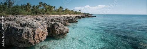 Crystal-clear azure waters embrace rugged shores under a balmy Tropical Moon Festival, evoking serene island seclusion