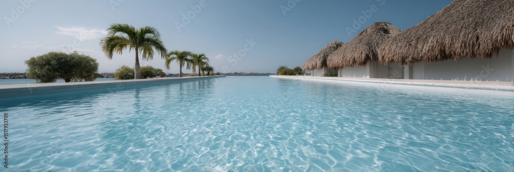 Fototapeta premium Refreshing azure tranquility beneath sun-kissed palm shelters invokes Day of the Dead beachside retreats, Caribbean sabbatical vibes