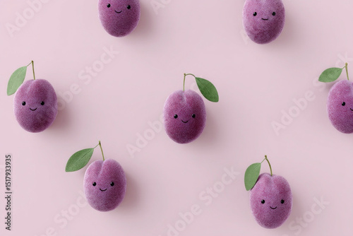 Playful plush plums with sprightly facial expressions, charming overtones of International Day of Happiness and National Plum Pudding Day vibes