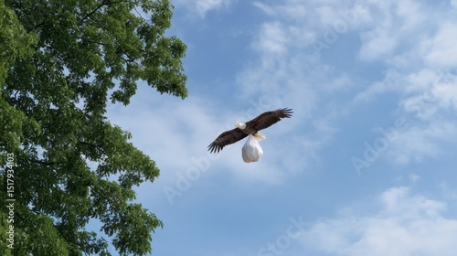 Majestic eagle soaring with plastic bag, nature's paradoxical dance, Earth Day reflection, avian guardian of modern conundrums