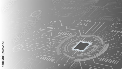 Futuristic computer microchip on digital circuit board technological backdrop